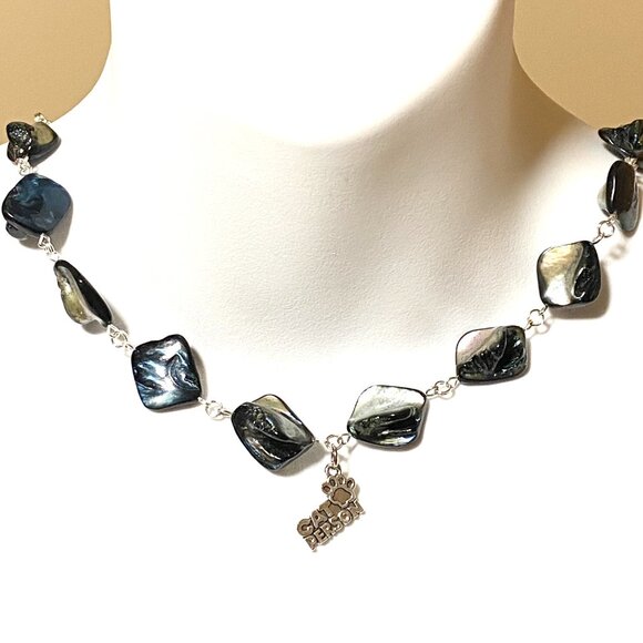 Blue Irregular Mother of Pearl Shell Necklace + Cat Person Paw Print Pendant - Picture 2 of 13